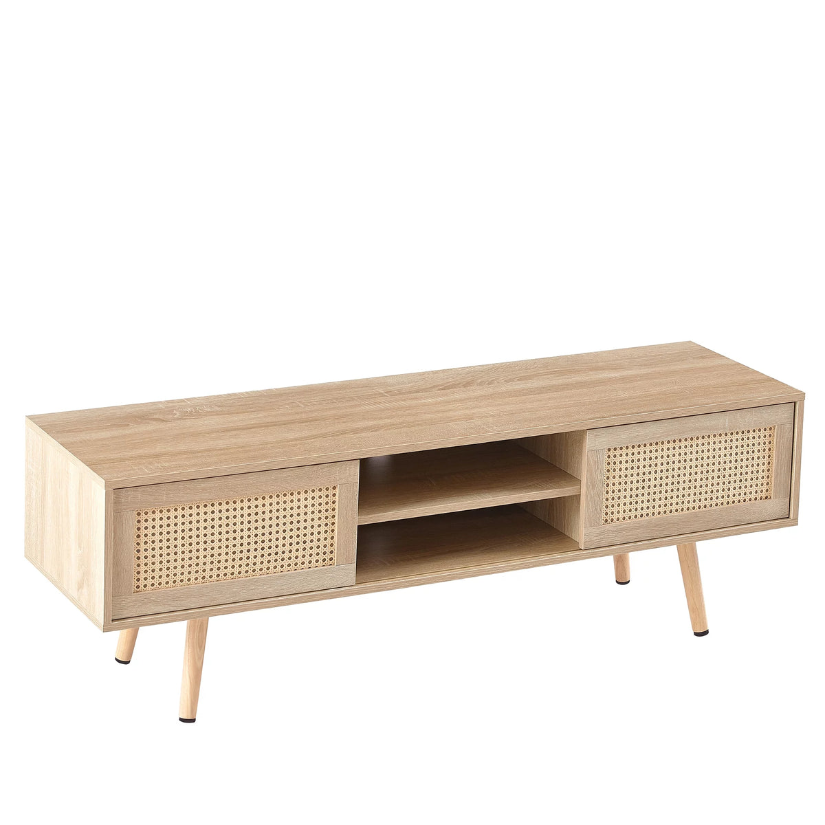 55.12" Rattan TV Cabinet with Sliding Doors and Adjustable Shelf V6633