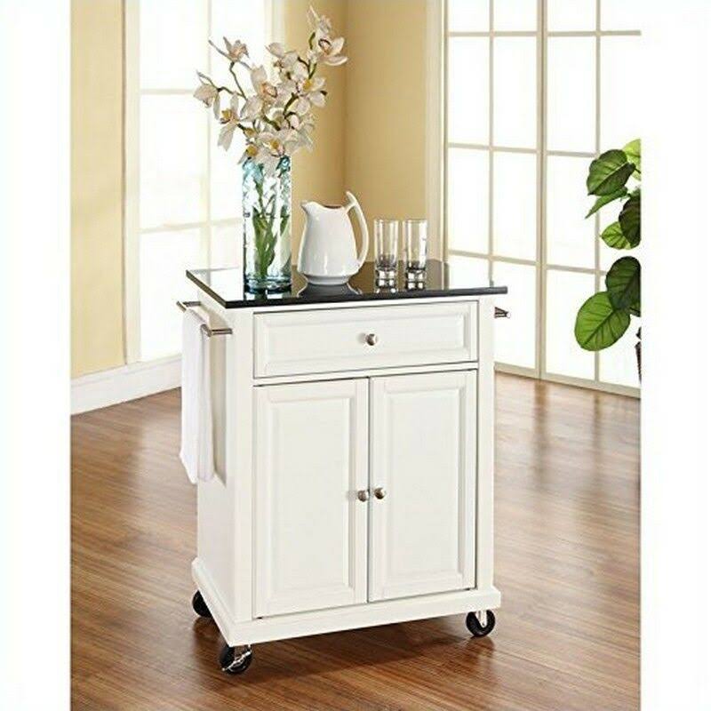 Solid Black Granite Top Portable Kitchen Cart Island U373944