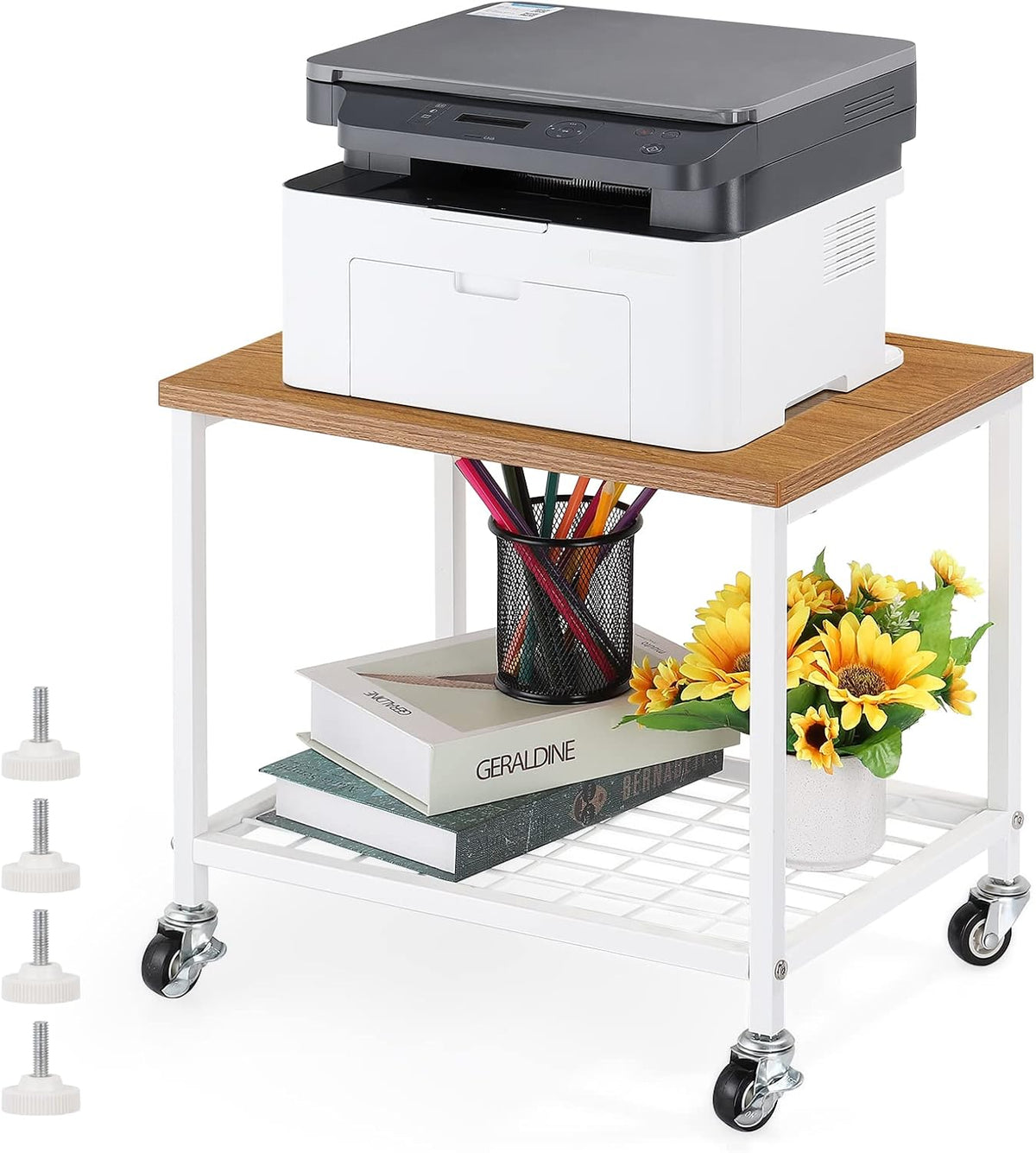 Rustic Brown and Black 2 Tier Printer Stand with Lockable Casters O3527