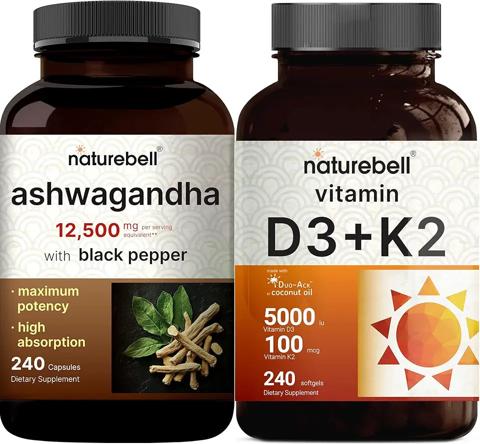 Vitamin D3 K2 Softgels & Ashwagandha with Black Pepper Bundle Pack F846