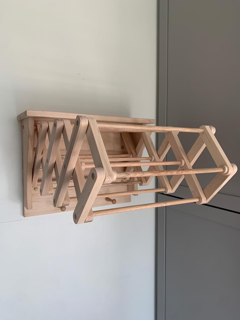 21” x 16” Collapsable Wooden Wall Mounted Drying Rack with Peg Hooks A2347