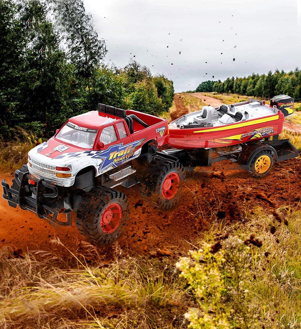 Red Black 9 Inch Truck with Detachable Trailer and 10 Inch Boat Friction Push Powered Playset Y956