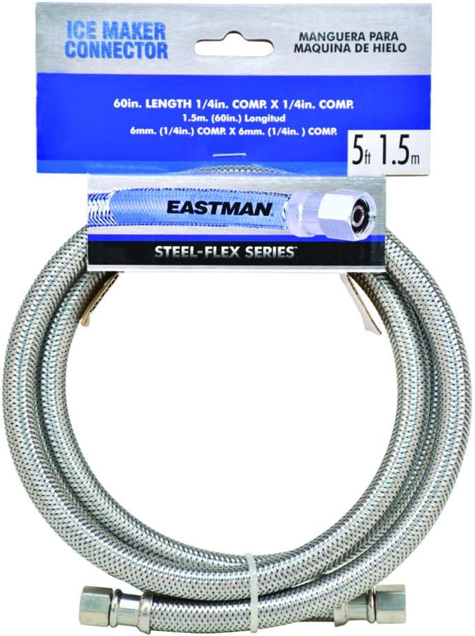 White In-Line Refrigerator Filter & Braided Stainless Steel Ice Maker Connector, 1/4 inch, 5 Ft E908