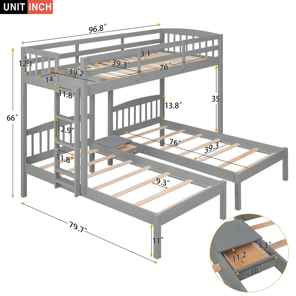 Triple Twin Solid Wood Bunk Beds with Guardrail and Ladder and Built-in Middle Drawer T61361