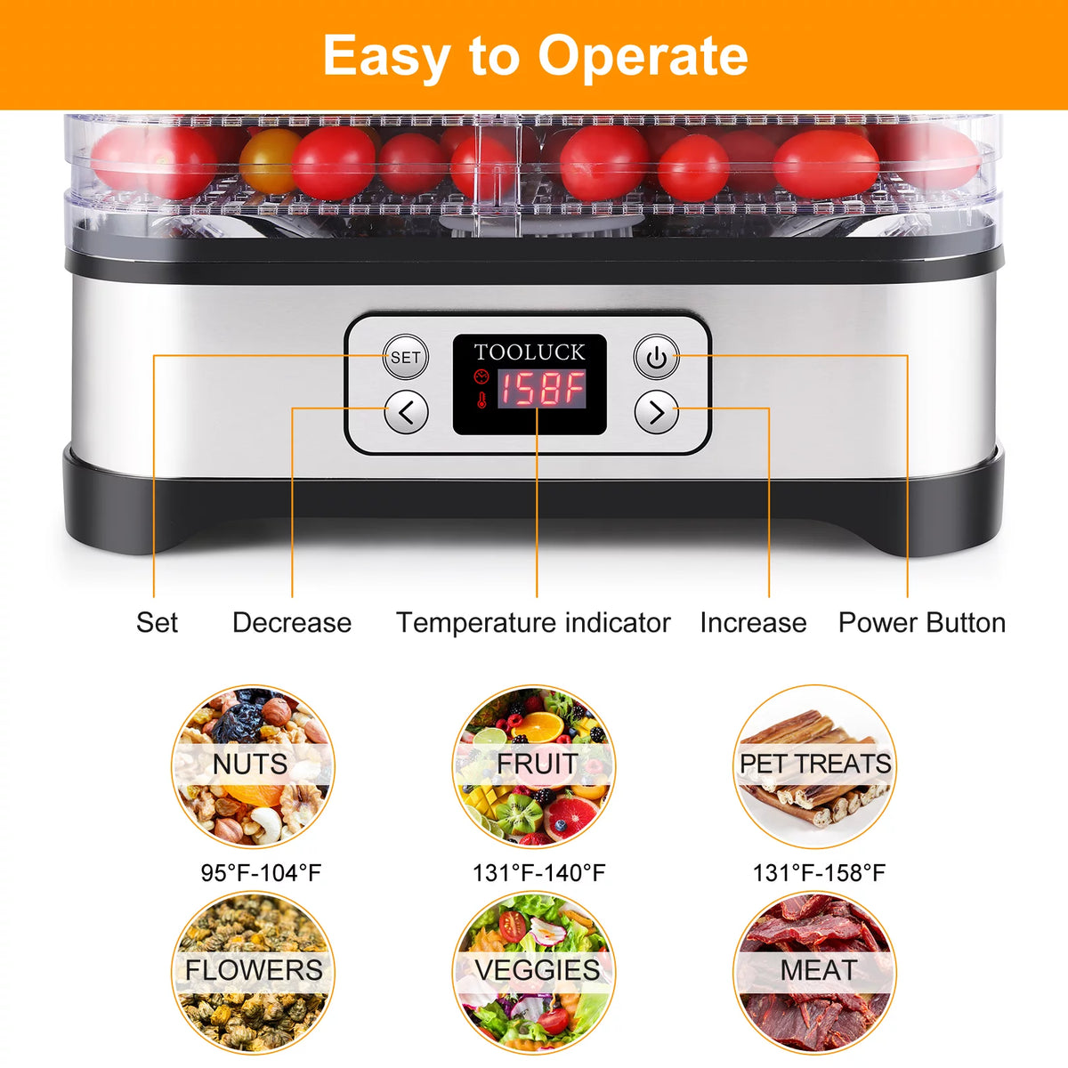 Electric Food Dehydrator, 250W, 5 Drying Trays, Stainless Steel, BPA Free W935