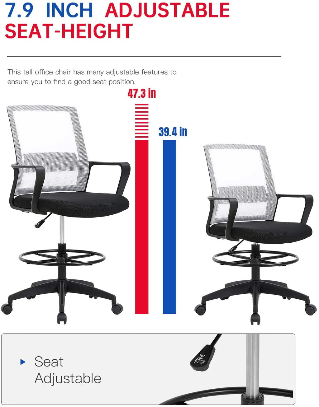 Black Adjustable Mesh Drafting Chair with Lumbar Support V497637
