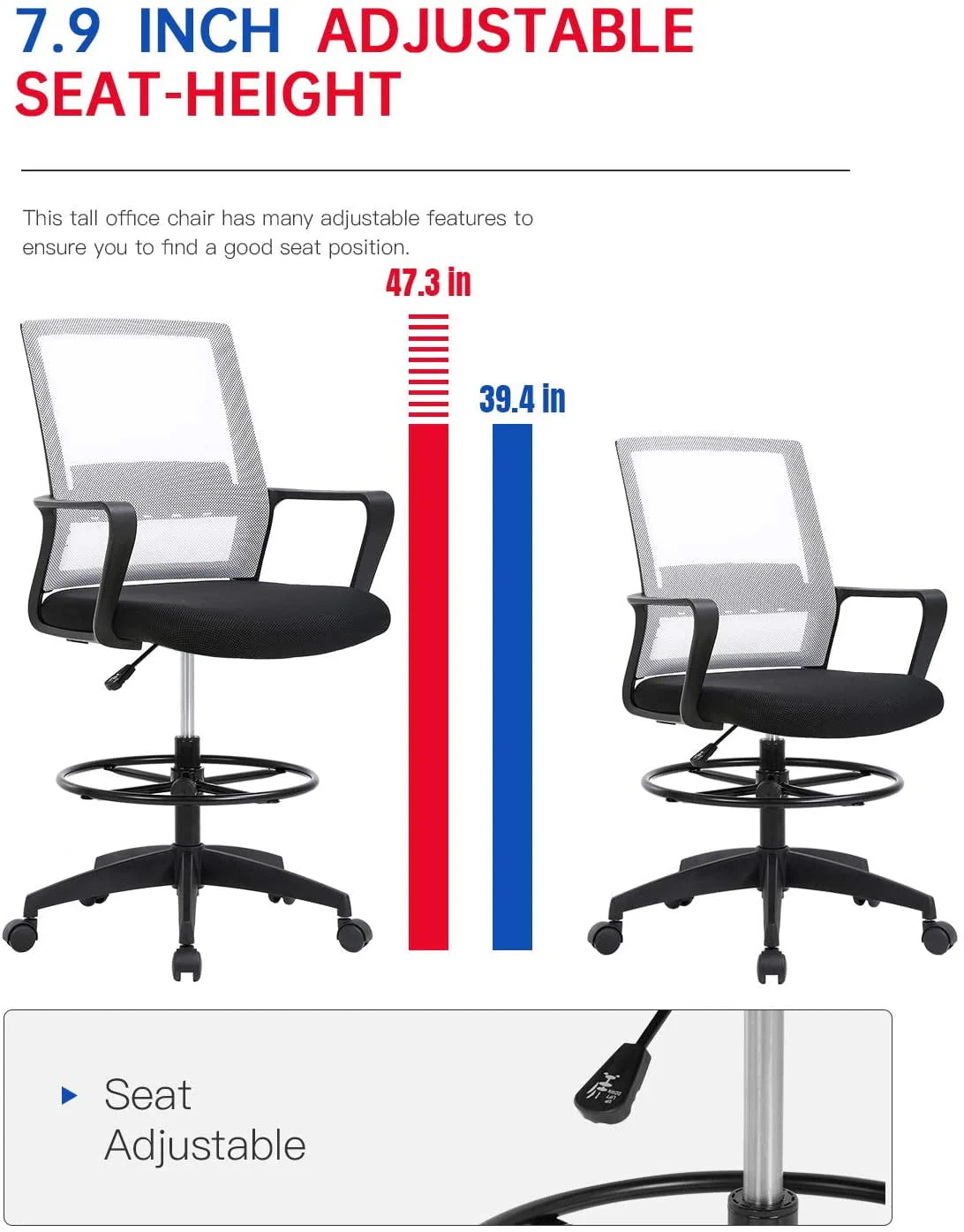 Black Adjustable Mesh Drafting Chair with Lumbar Support V497637
