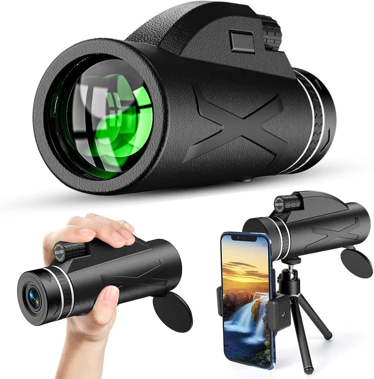 80X100 High Power Compact Monocular Telescope with Smartphone Holder & Tripod Y795555
