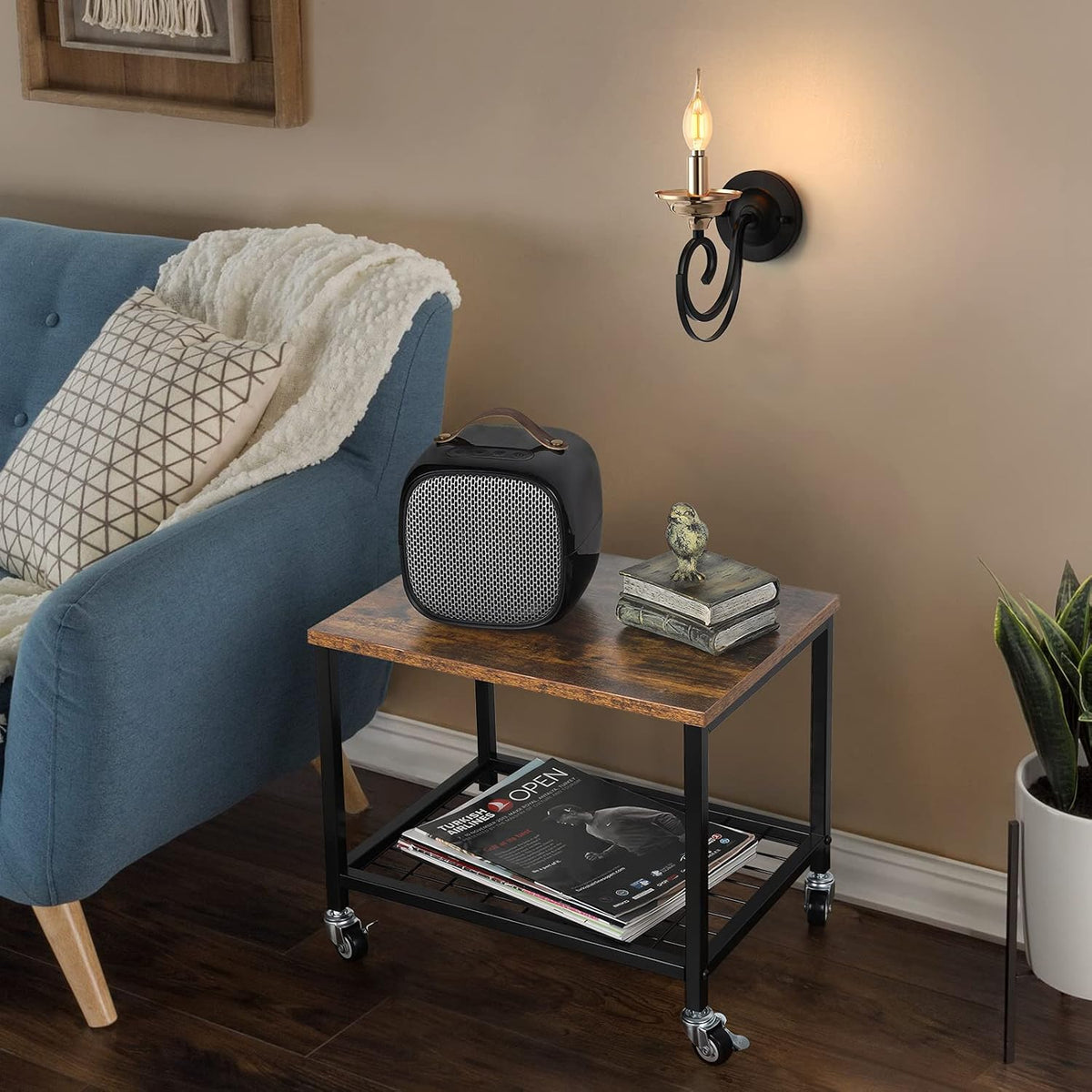 Rustic Brown and Black 2 Tier Printer Stand with Lockable Casters O3527
