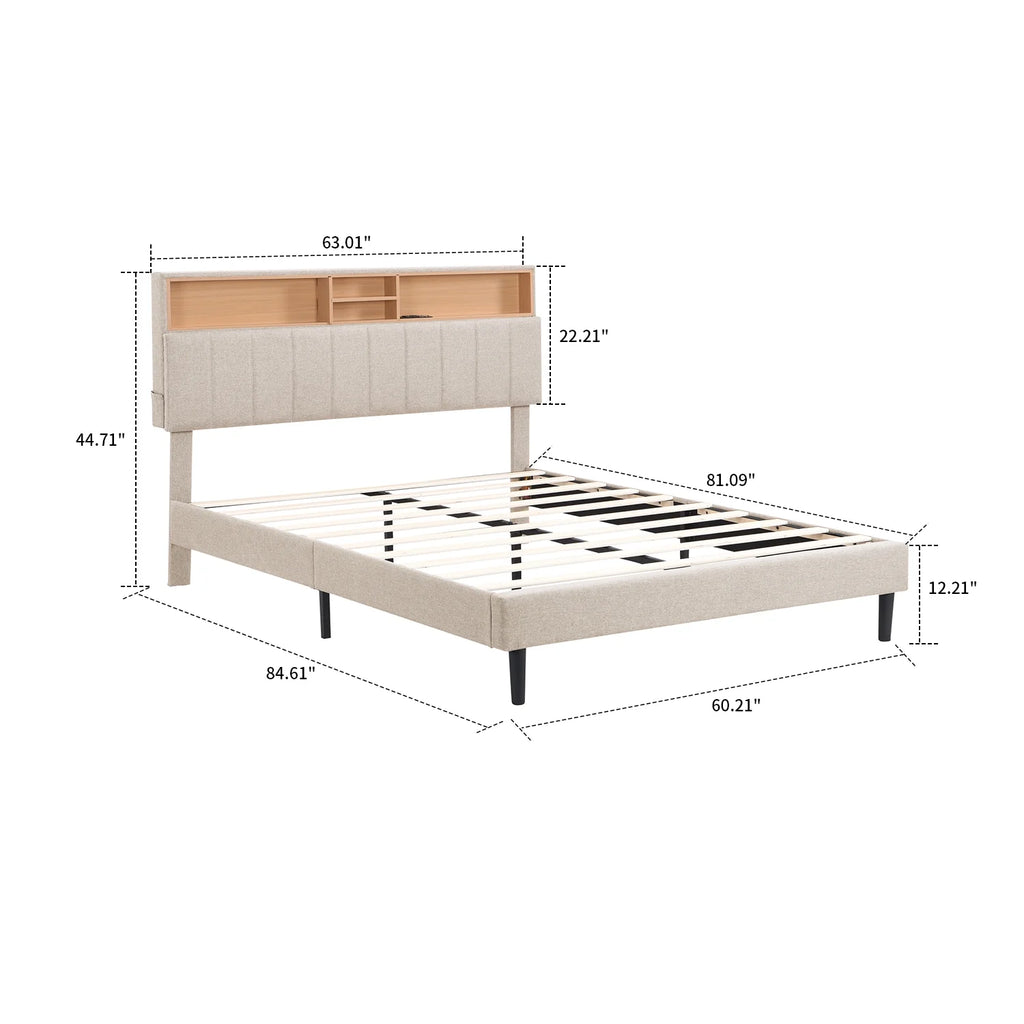 Queen Size Beige Linen Platform Bed with Storage Headboard and USB Port L12254