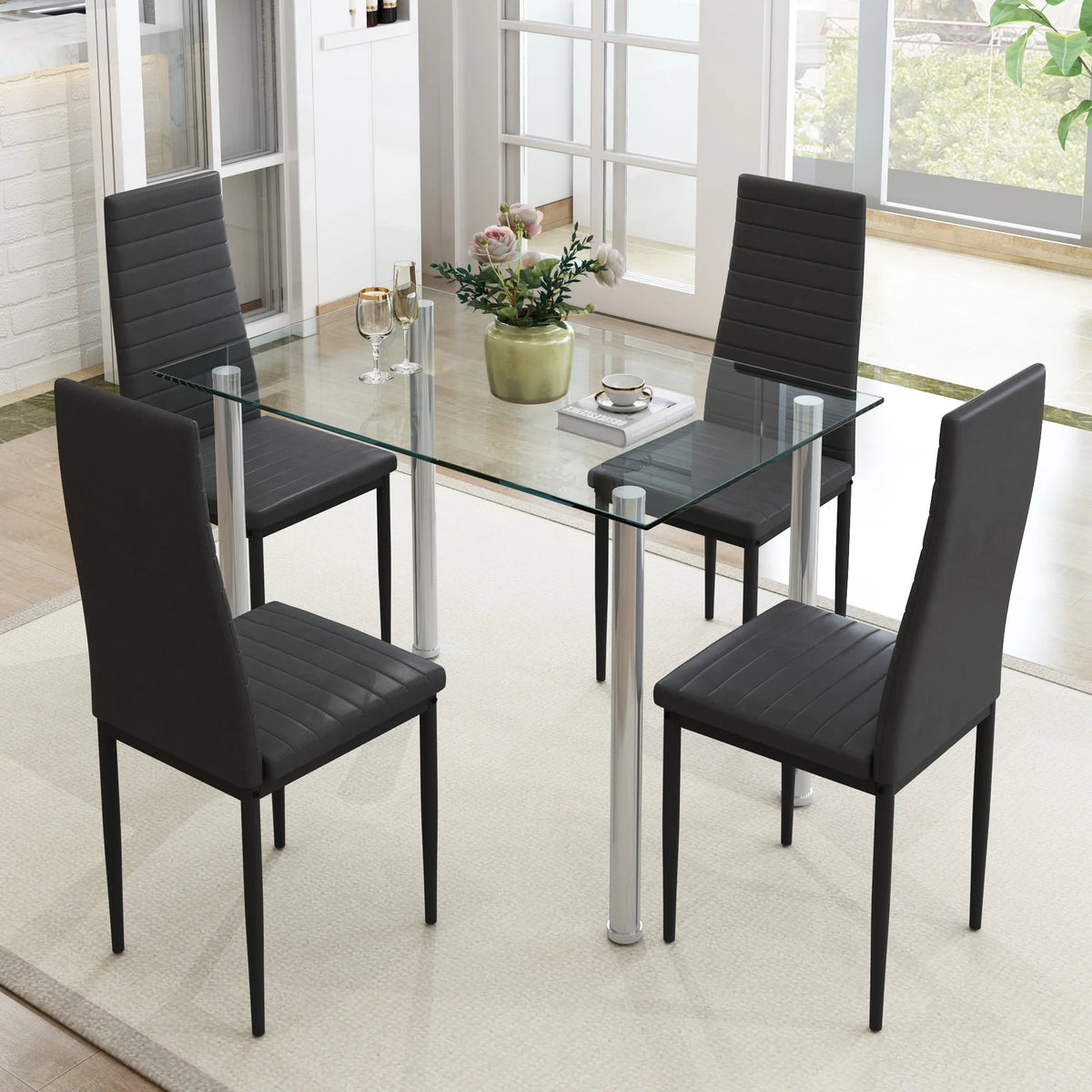 5-Piece Faux Marble Top Velvet Dining Table Set L5169