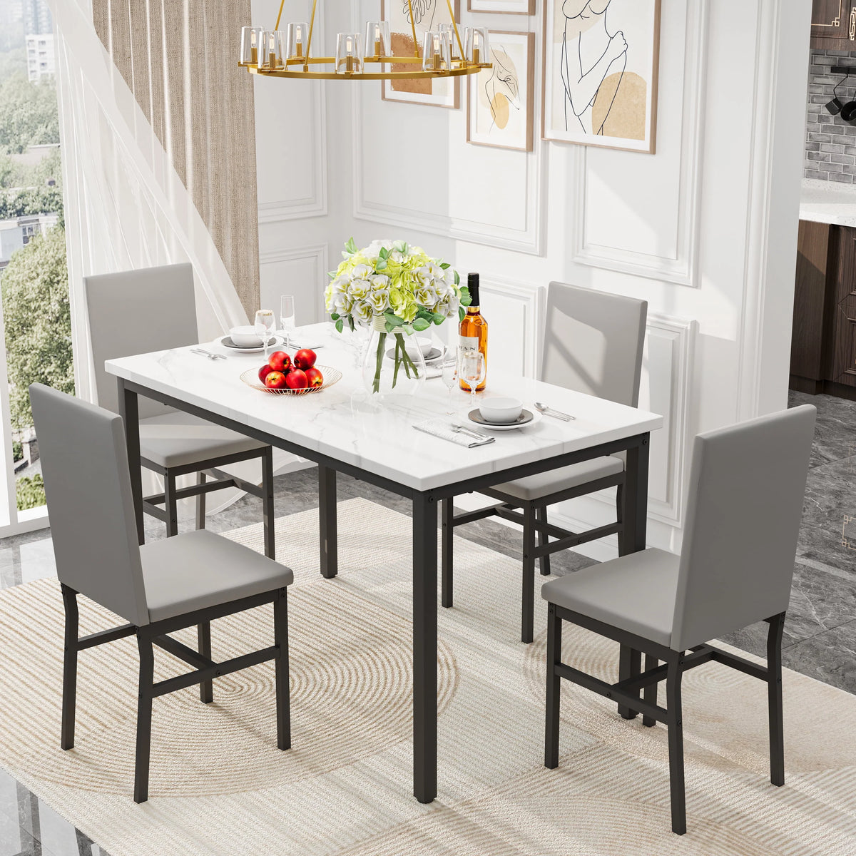 5-Piece Faux Marble Top Velvet Dining Table Set L5169