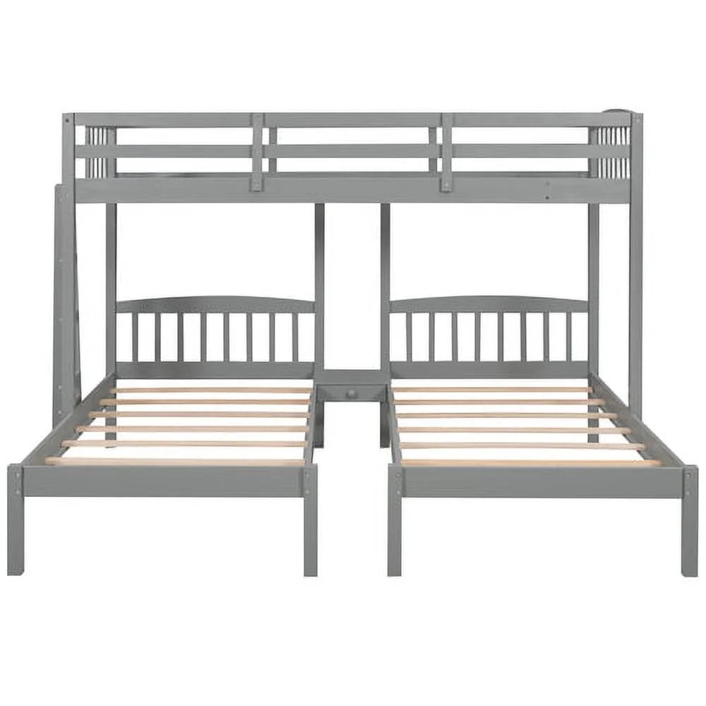 Triple Twin Solid Wood Bunk Beds with Guardrail and Ladder and Built-in Middle Drawer T61361