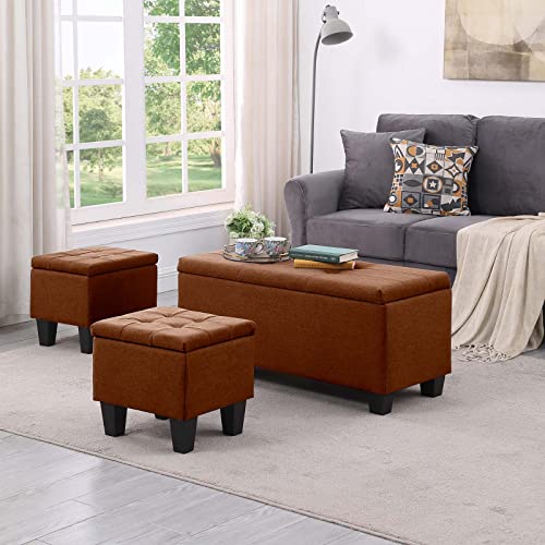 Dark Blue Linen Storage Ottoman Bench I618