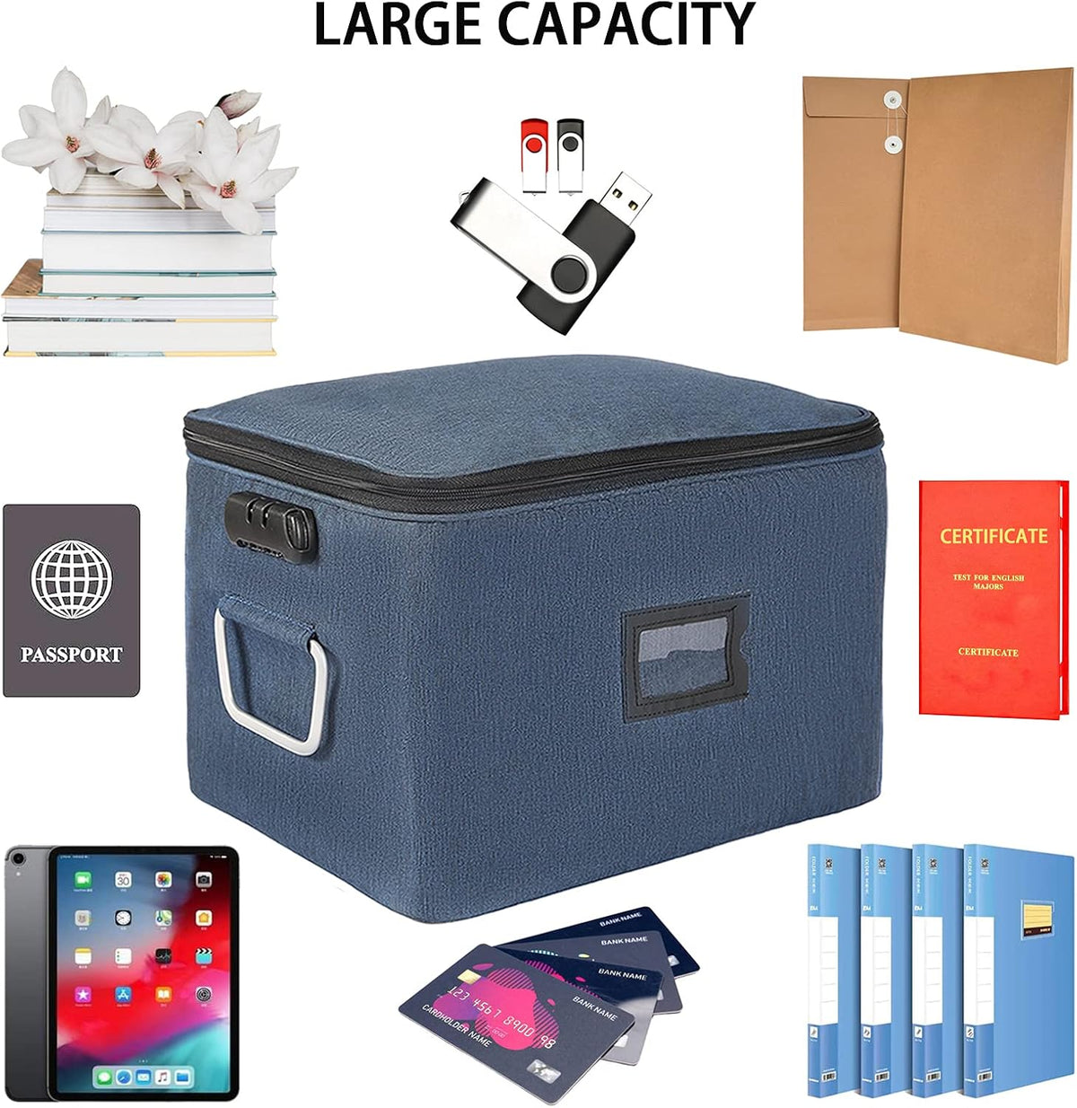 Blue Oxford Fabric Document Organizer Box with Lock W1362