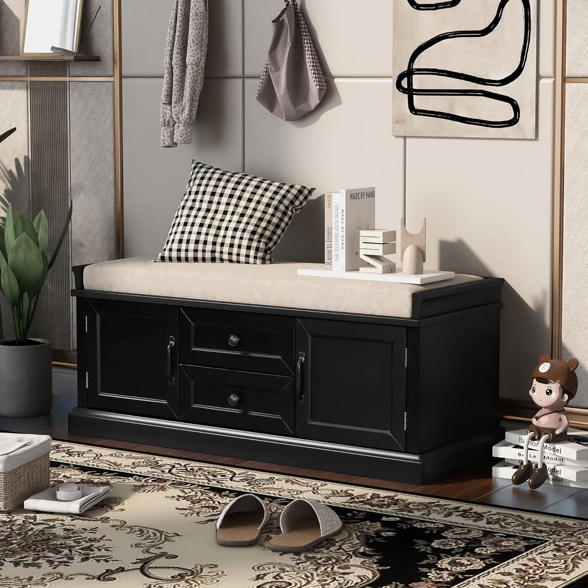 Black Storage Bench with 2 Drawers and 2 Cabinets with Removable Cushion G28125