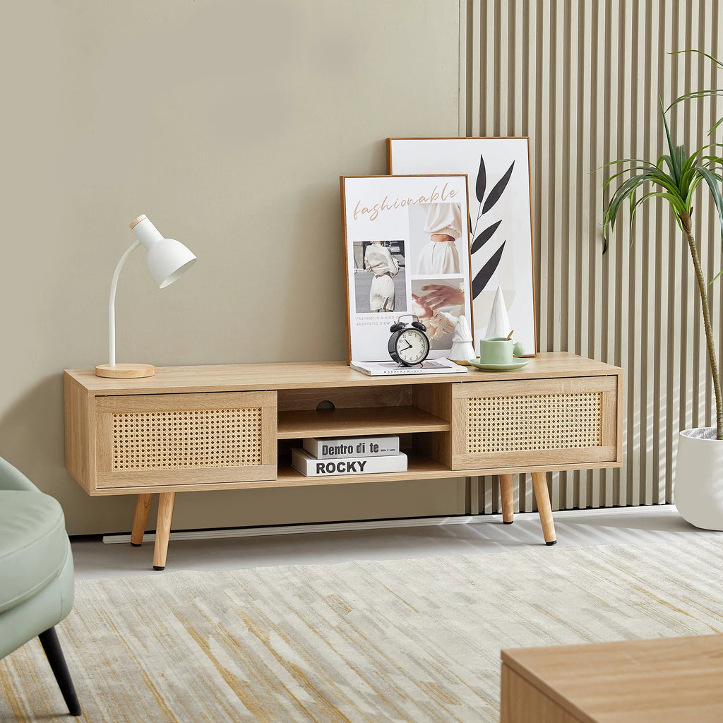 55.12" Rattan TV Cabinet with Sliding Doors and Adjustable Shelf V6633