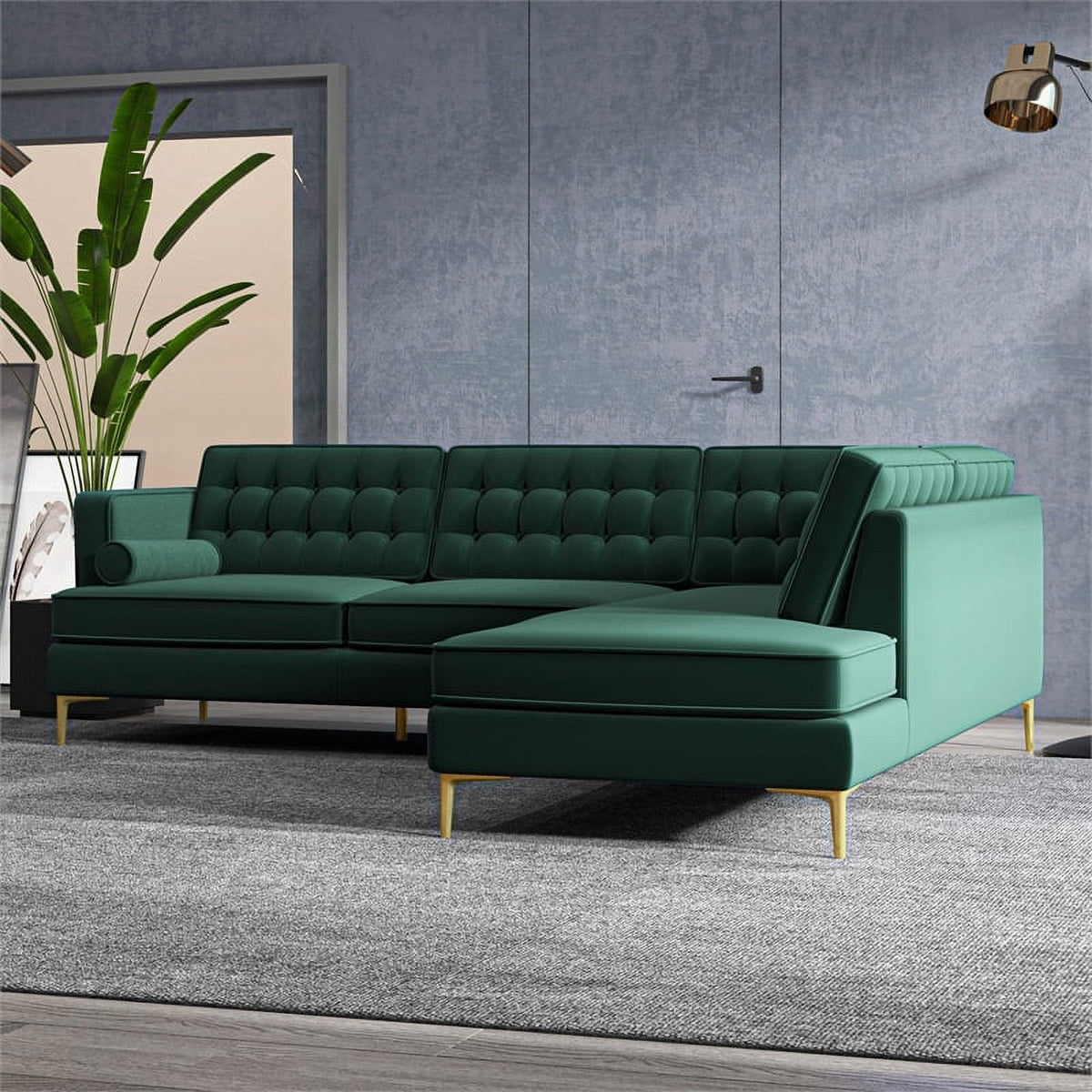 Green Velvet Right-Facing Upholstered Sectional K544353