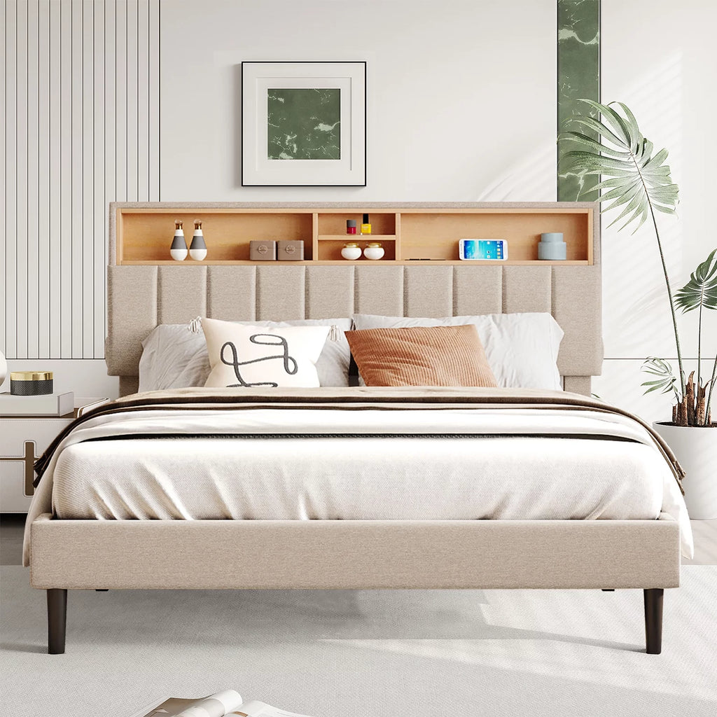 Queen Size Beige Linen Platform Bed with Storage Headboard and USB Port L12254