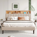 Queen Size Beige Linen Platform Bed with Storage Headboard and USB Port L12254