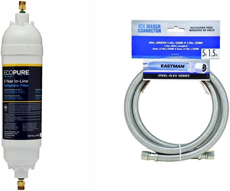White In-Line Refrigerator Filter & Braided Stainless Steel Ice Maker Connector, 1/4 inch, 5 Ft E908