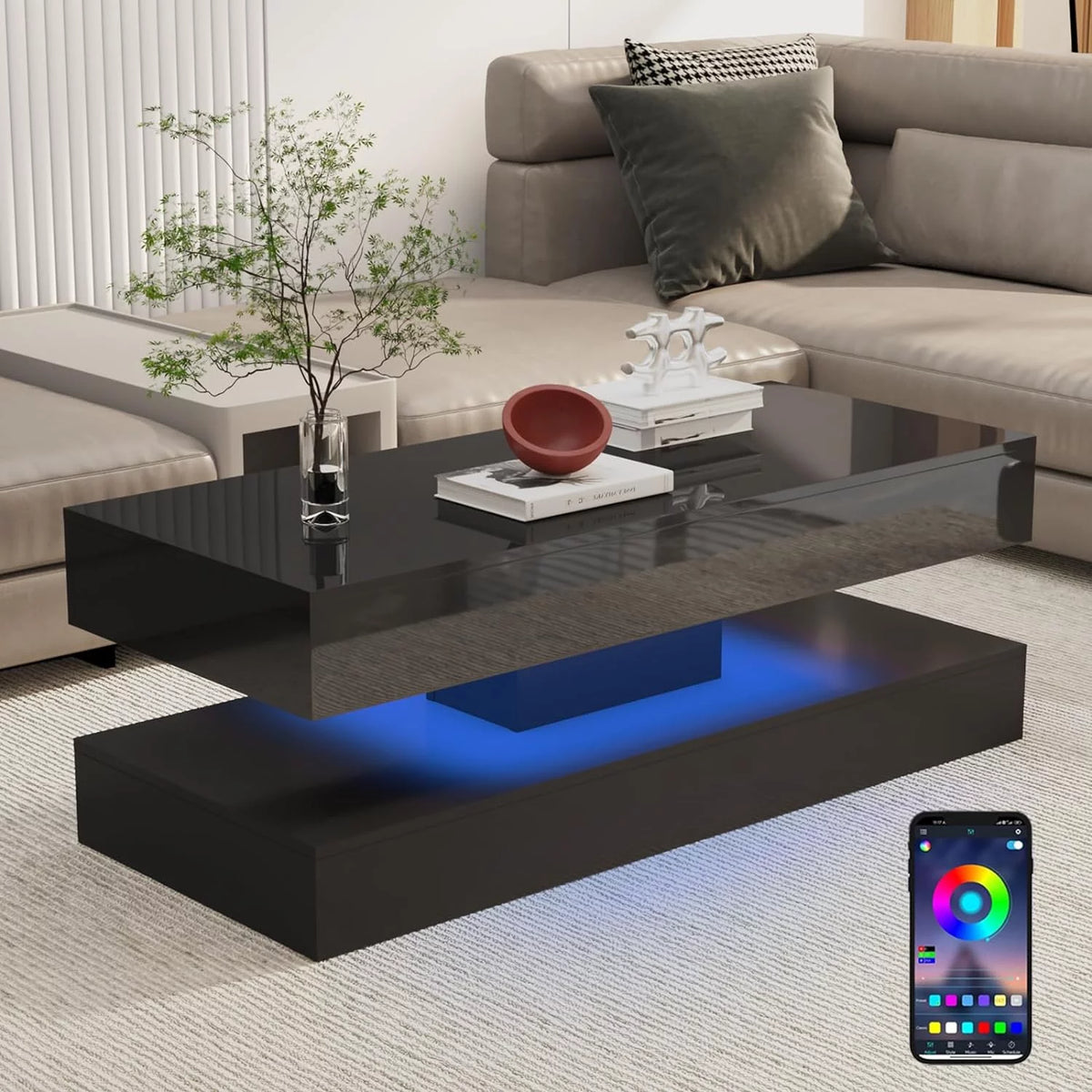 LED Coffee Table with 2 Storage Drawers, High Gloss Black Z570
