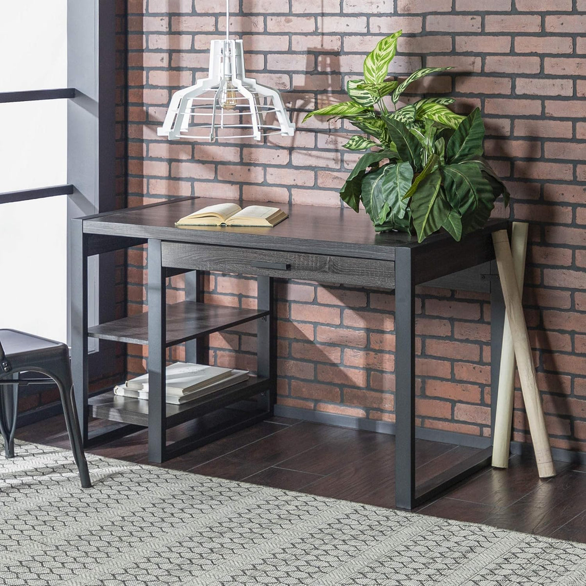 48 Inch Charcoal Computer Gaming Desk with Storage Shelves and Drawer L358