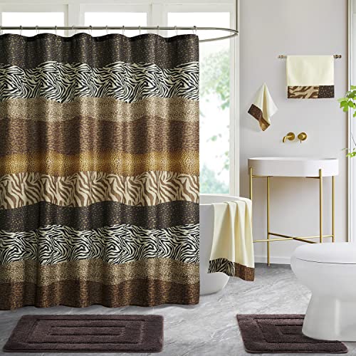 Chocolate Brown Leaf Print Bathroom Rugs, Shower Curtain and Towel Set N45228