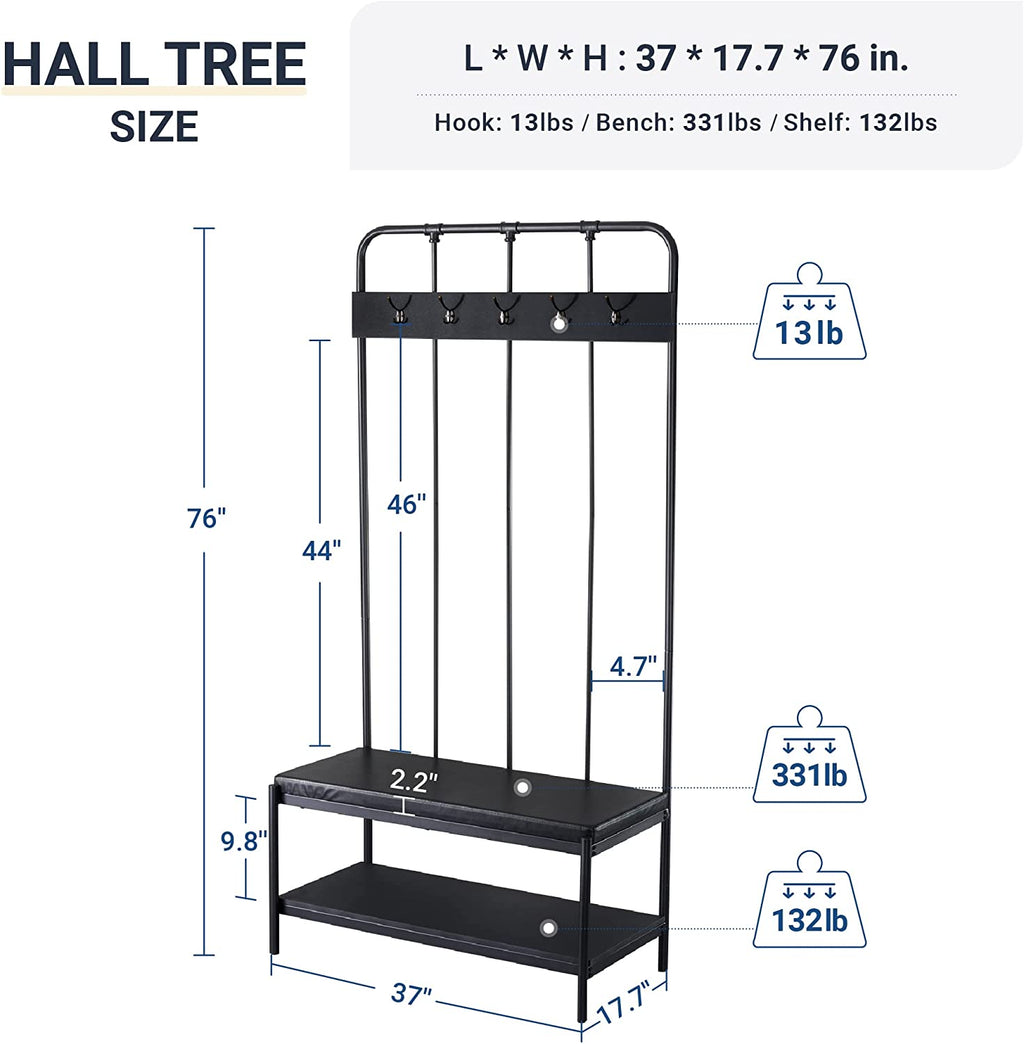 Black Freestanding Hall Tree with Storage Shelves T117