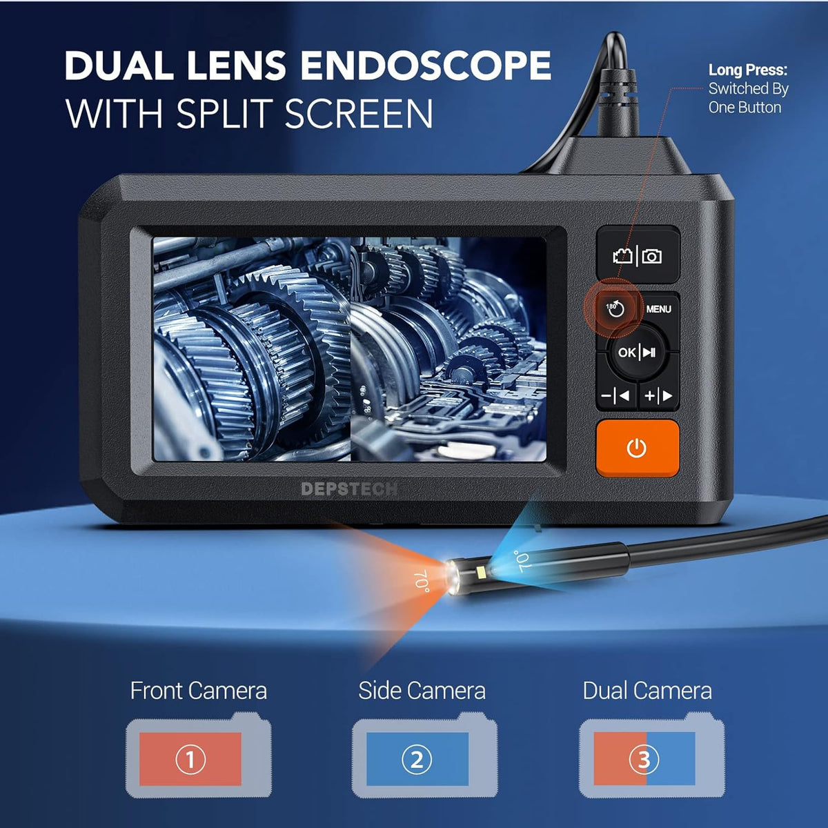 Dual Lens Endoscope with 50FT Semi-Rigid Cable, 1080P Borescope Inspection Camera, 7.9mm, IP67 Waterproof, 7 LED Lights Z5205