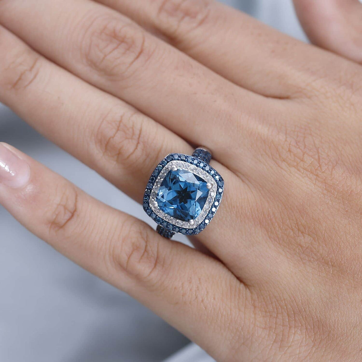 Blue Topaz Blue Diamond Cushion 925 Sterling Silver Platinum Plated Cocktail Ring Size 9 M747