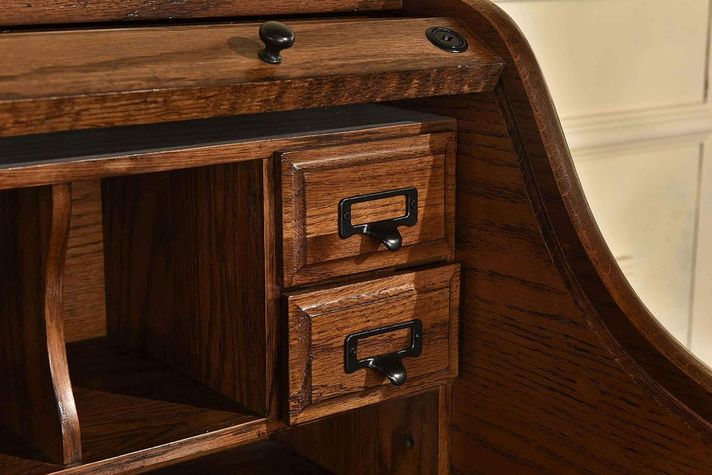 Mini Roll Top Desk Solid Oak Wood Burnished Walnut Finish R6677