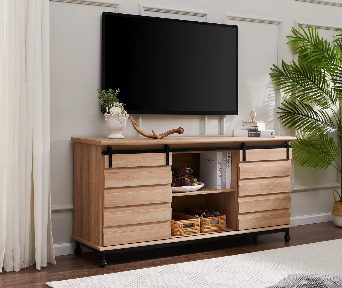Light Brown TV Stand with Sliding Barn Door W52568