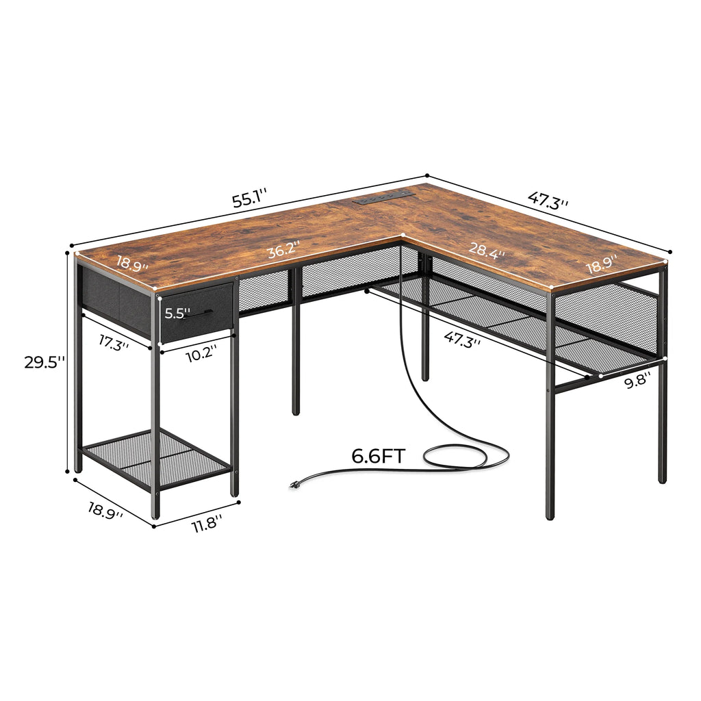L Shaped Desk with Power Outlets and Storage Shelves R3728