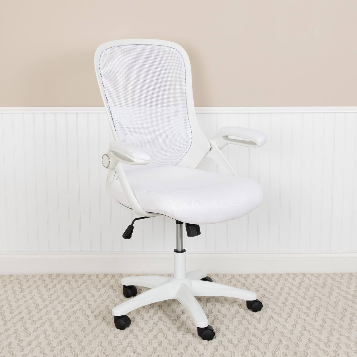 White High Back Mesh Ergonomic Swivel Office Chair with Flip Up Arms O631307