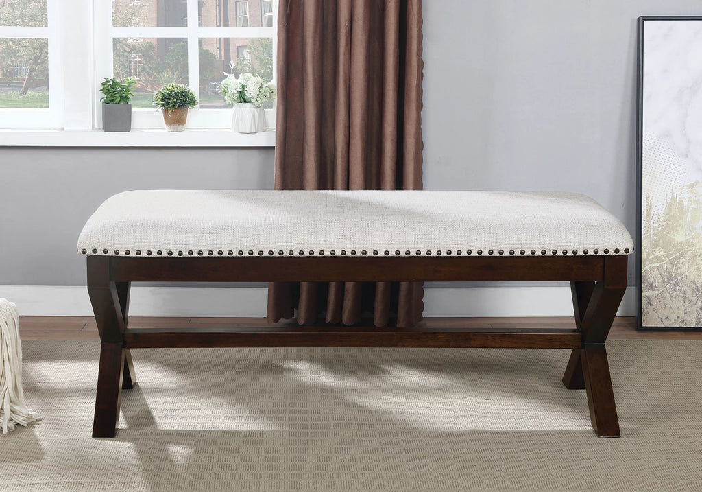 Linen White Fabric Bench with Dark Walnut Base H796
