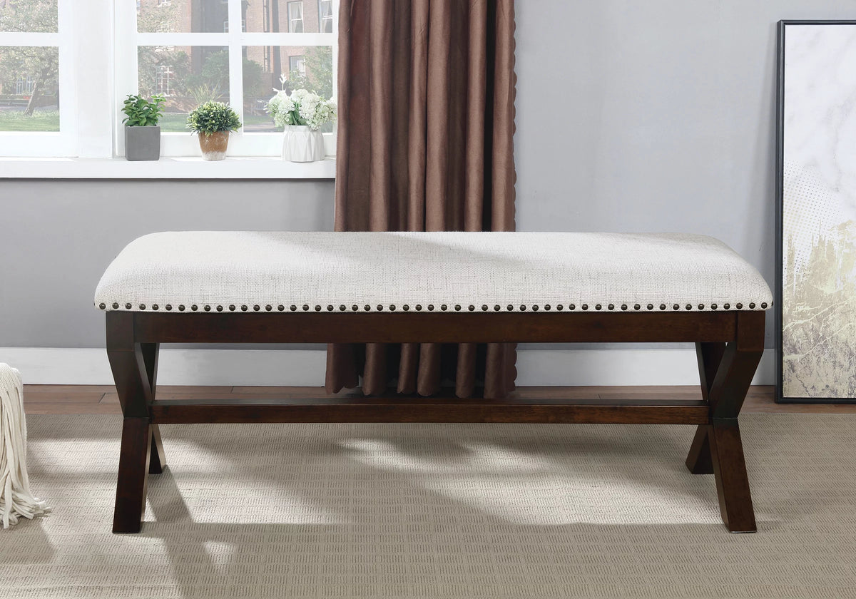 Linen White Fabric Bench with Dark Walnut Base H796