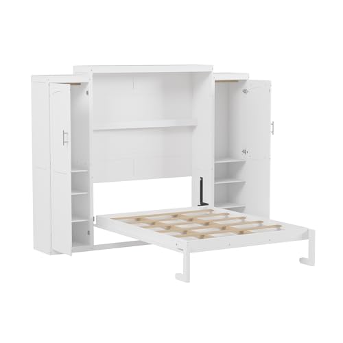 Queen Murphy Bed with 2 Wardrobes and Storage Shelf White B118469
