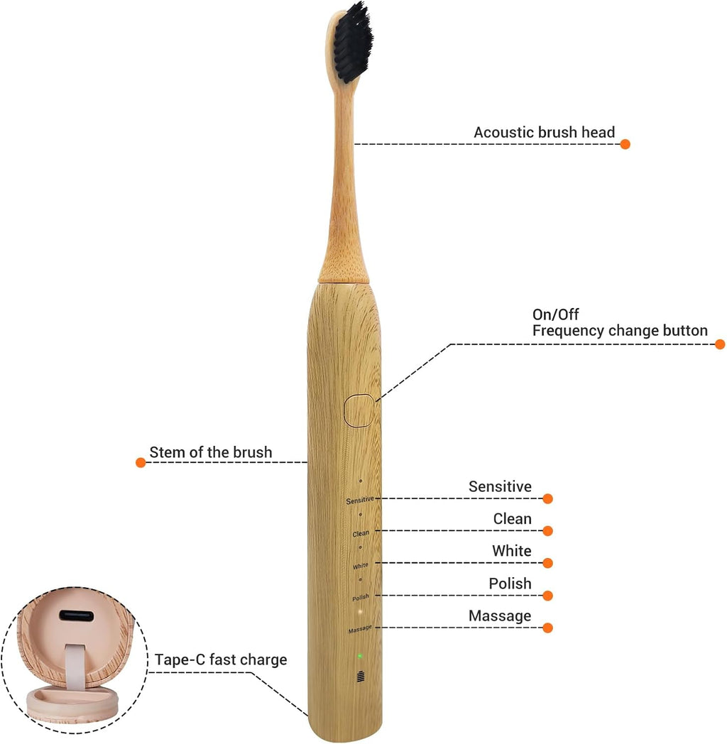 Bamboo Electric Toothbrush 5 Cleaning Modes Sonic Toothbrush Replacement Heads with Plant-Based Bristle 4 Pack E4805