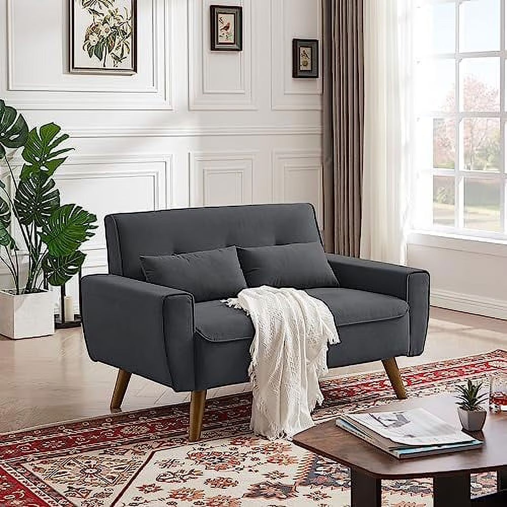 48" Linen Loveseat Sofa with 2 Throw Pillows and Wooden Legs F9905