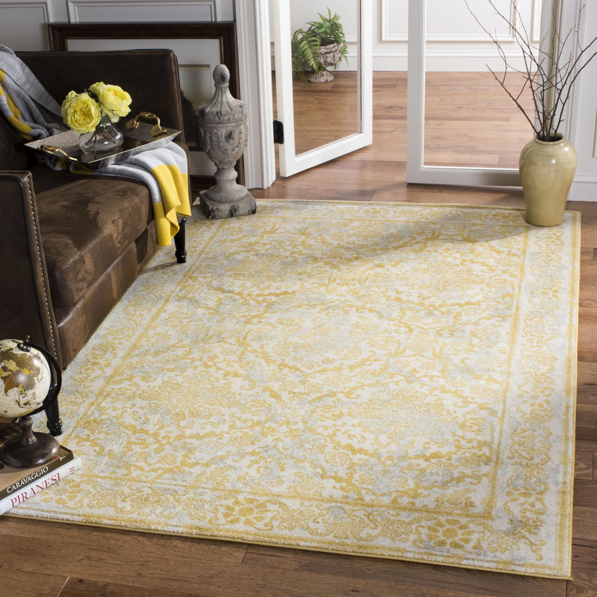 Ivory Gold Bordered Area Rug 10' x 14' E737621