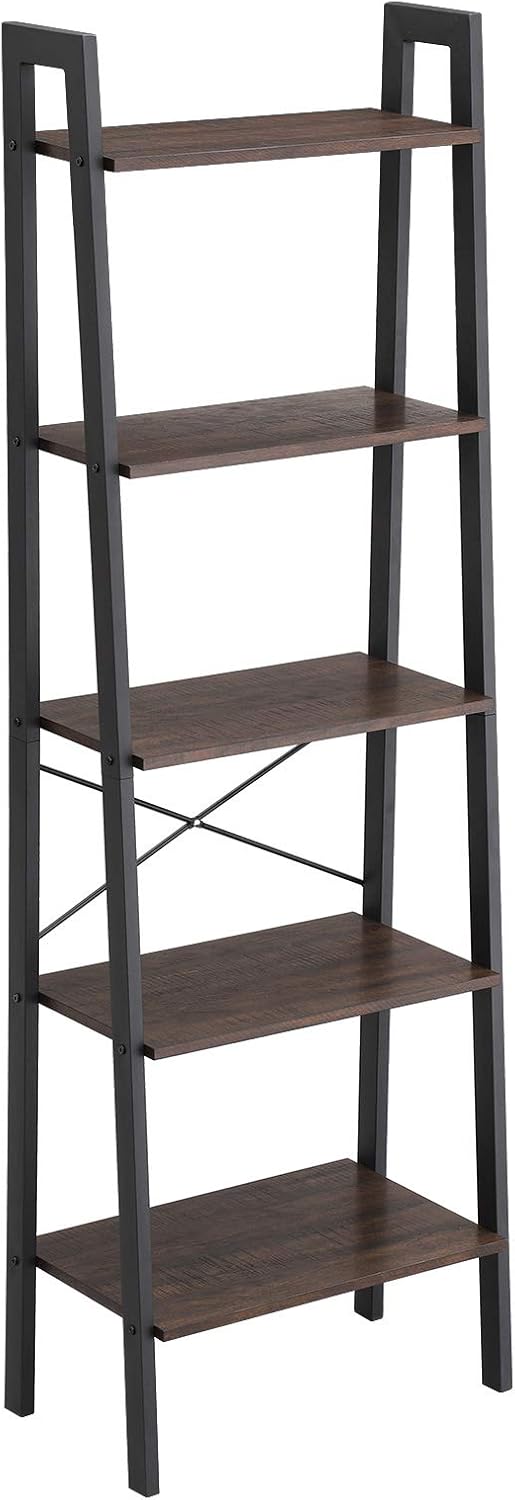 Rustic Dark Brown 5-Tier Ladder Shelf with Metal Frame D725