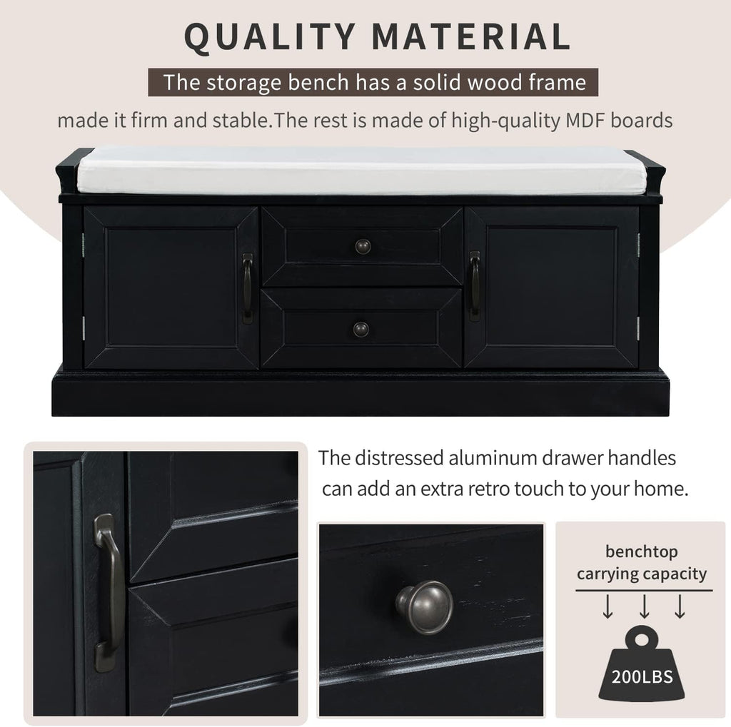 Black Storage Bench with 2 Drawers and 2 Cabinets with Removable Cushion G28125