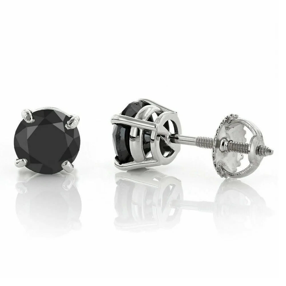 2 1/2ct Black Diamond Screw Back Stud Earrings 14K White Gold B710436