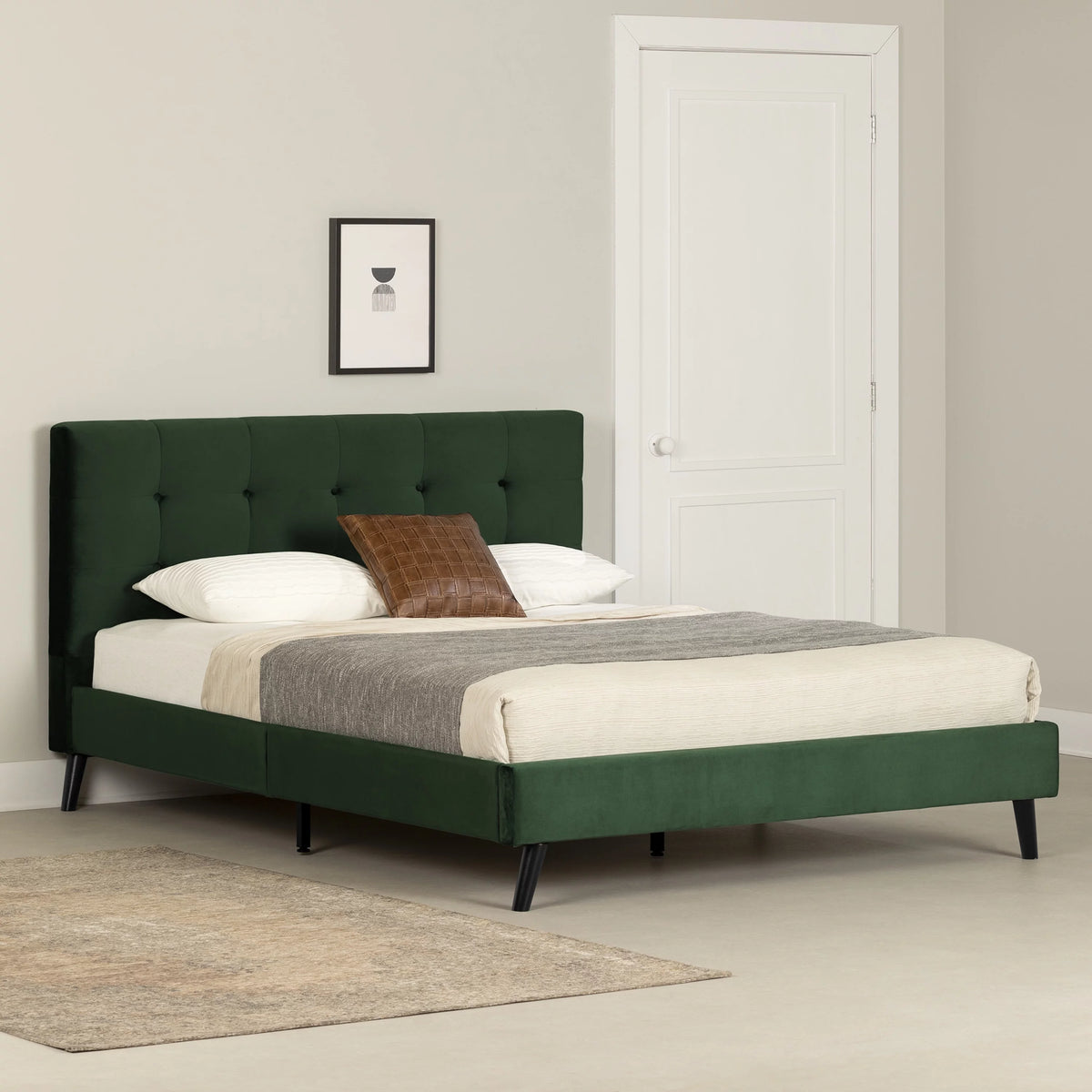 Dark Green Upholstered Queen Platform Bed with Headboard Z578