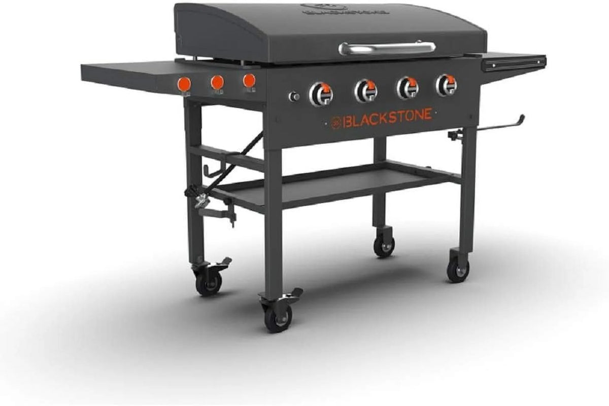 36 Griddle with Hood & Four Burners Stainless Steel Gas Griddle with Hood Wheels Two Side Shelf Magnetic Hooks Heavy Duty Outdoor Griddle Station U173