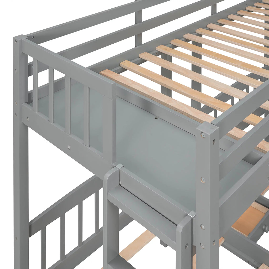 Triple Twin Solid Wood Bunk Beds with Guardrail and Ladder and Built-in Middle Drawer T61361