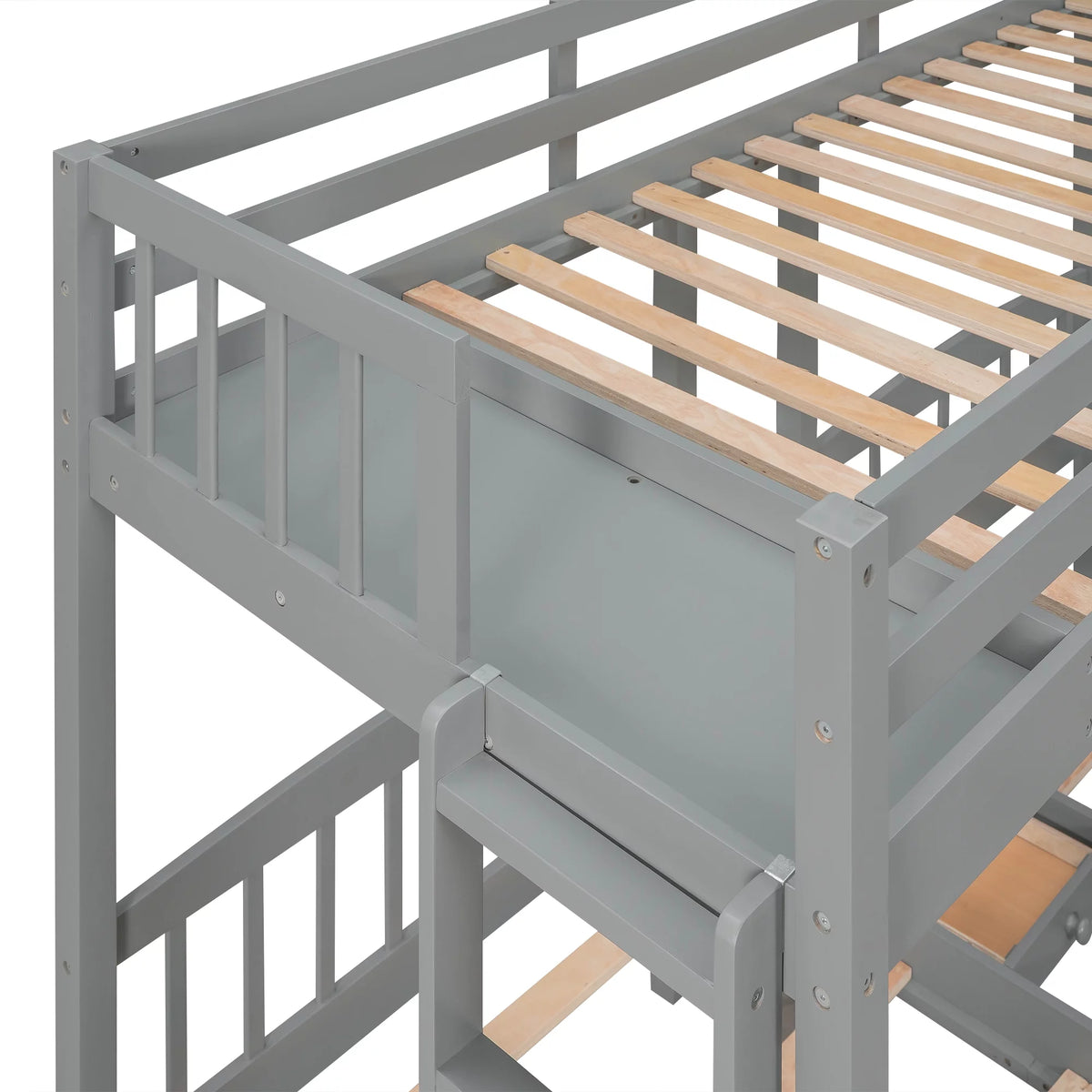 Triple Twin Solid Wood Bunk Beds with Guardrail and Ladder and Built-in Middle Drawer T61361