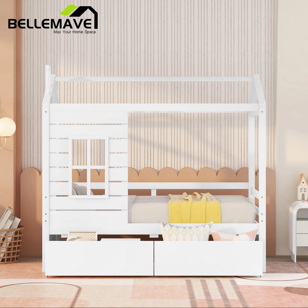 White Twin Size Wooden House Bed with Drawers and Guard Rails Z78244