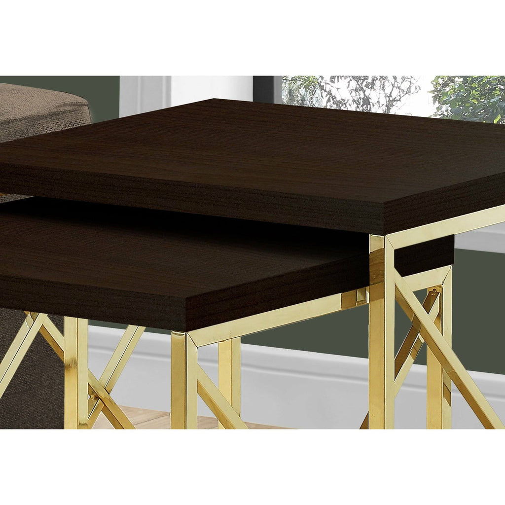 Cappuccino Gold Particle Board Metal 2pcs Nesting Table Set F9538